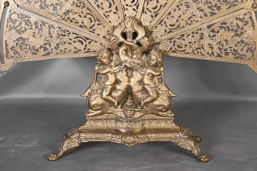 Grand pare-étincelles en éventail de style Napoléon III à décor de dauphins et putti-5