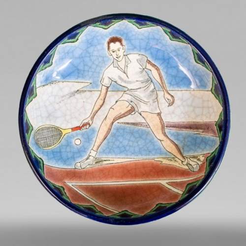 Manufacture de LONGWY, Coupelle en faïence décorée d'un joueur de tennis