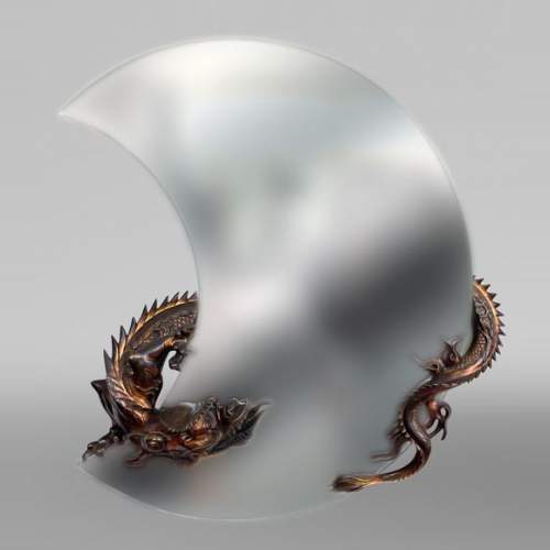 Gabriel VIARDOT (attribué à), Miroir japonisant en forme de croissant de lune orné de dragons en bronze