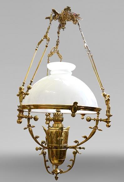 Lustre égyptomania en bronze doré, verre opalin-0