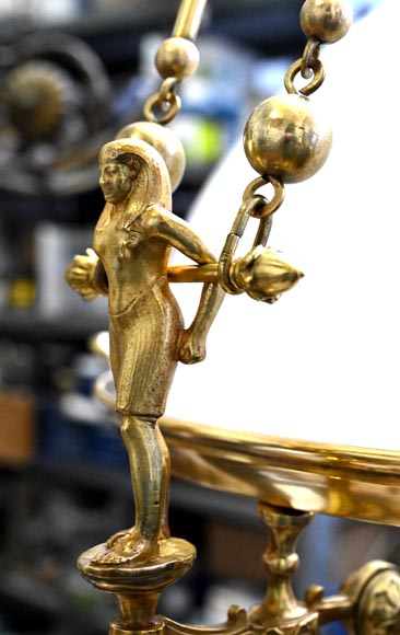 Lustre égyptomania en bronze doré, verre opalin-8