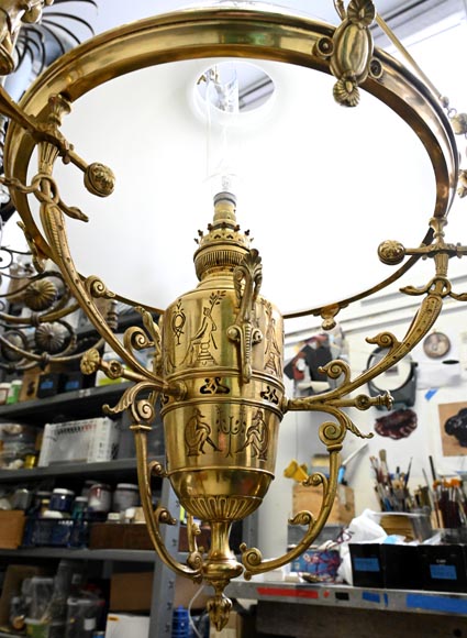 Lustre égyptomania en bronze doré, verre opalin-11