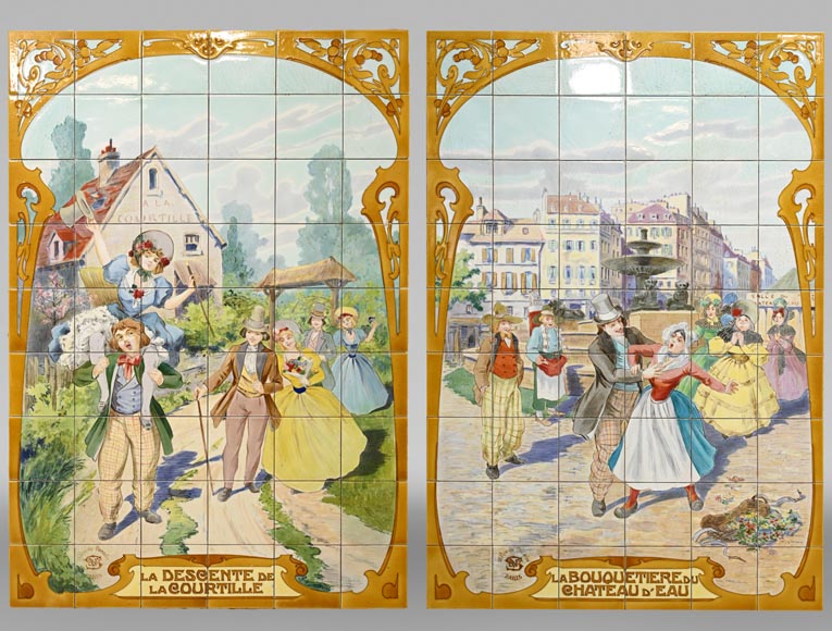 Faïencerie de Sarreguemines, Deux panneaux en céramique de scènes parisiennes, à partir de 1881-0