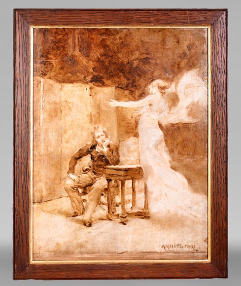 GEORGES MOREAU DE TOURS – Le peintre et sa muse, tableau en grisaille signé-0