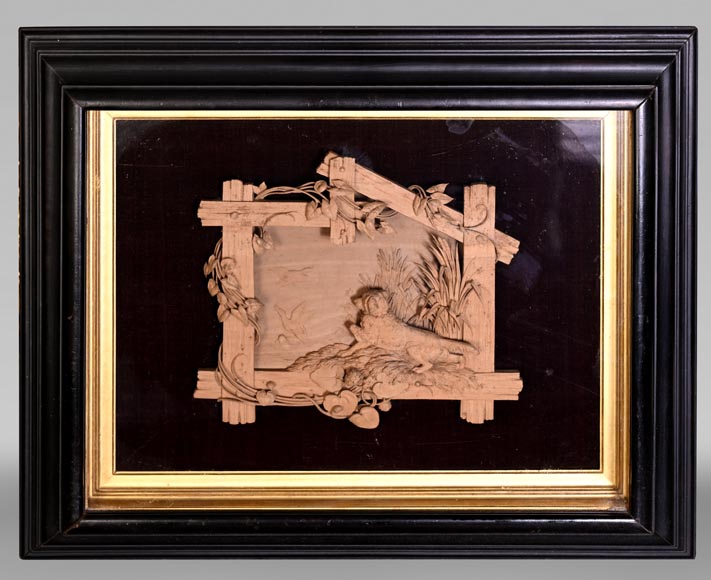 Haut relief sculpté en bois tendre de scène animalière, XIXe siècle-0