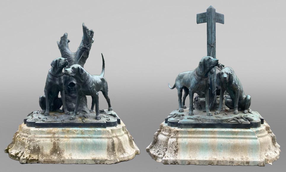 Auguste-Nicolas CAÏN, deux groupes monumentaux en bronze, socles en pierre d'origine, 1893-1