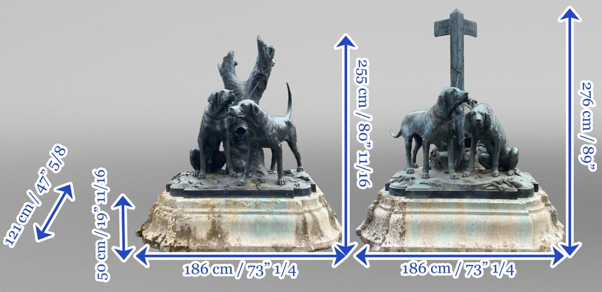 Auguste-Nicolas CAÏN, deux groupes monumentaux en bronze, socles en pierre d'origine, 1893-17