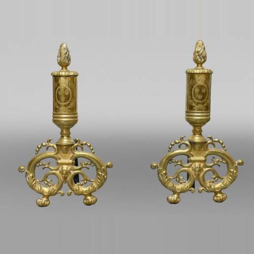 Paire de chenets en bronze doré, style Restauration, XIXe siècle