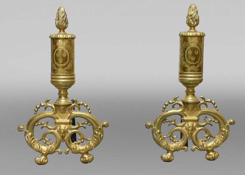 Paire de chenets en bronze doré, style Restauration, XIXe siècle-0