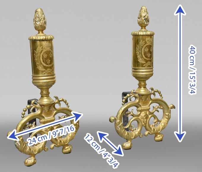 Paire de chenets en bronze doré, style Restauration, XIXe siècle-5