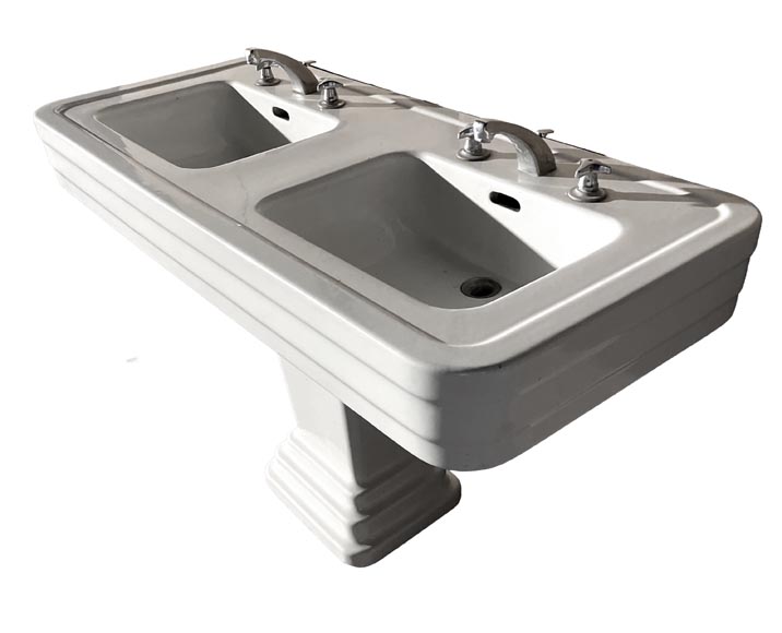 Lavabo double vasque en céramique émaillée, robinetterie chromée, Art Déco-1