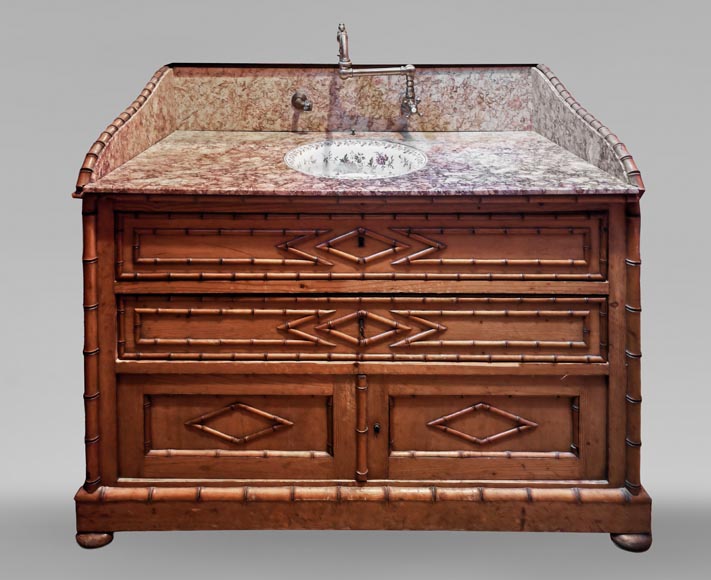Lavabo en marbre brocatelle et en bois imitant le bambou-0