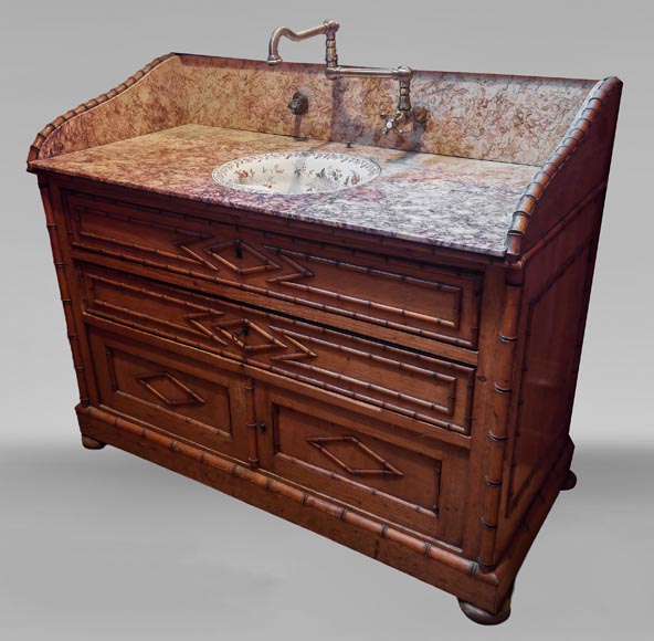 Lavabo en marbre brocatelle et en bois imitant le bambou-1
