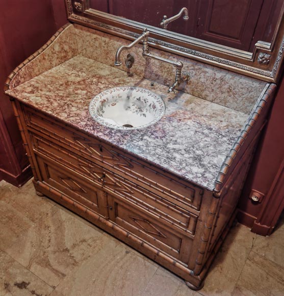Lavabo en marbre brocatelle et en bois imitant le bambou-2