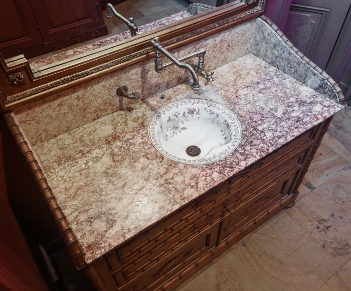 Lavabo en marbre brocatelle et en bois imitant le bambou-3