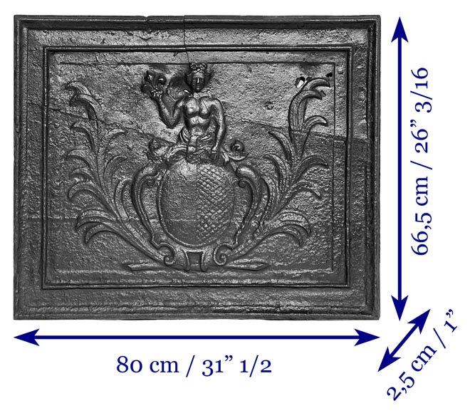 Plaque de cheminée aux armories surmontées par Apollon tenant une fleur de Lys-10