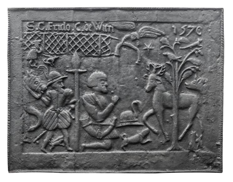 “La conversion de Saint Hubert” Grande plaque de cheminée en fonte moderne-0