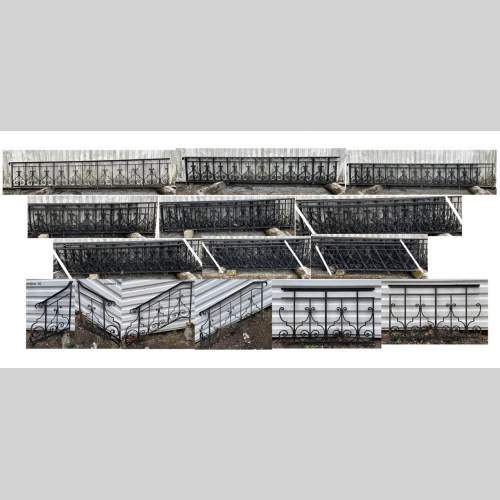 Ensemble de rambardes en fer forgé à décor de volutes et de crossettes, éléments droits et rampants