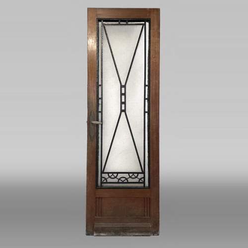 Porte intérieure Art Déco en bois et ferronnerie, à décor géométrique et vitrage granité