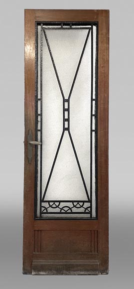 Porte intérieure Art Déco en bois et ferronnerie, à décor géométrique et vitrage granité Porte intérieure Art Déco en bois et ferronnerie, à décor géométrique et vitrage granité-0