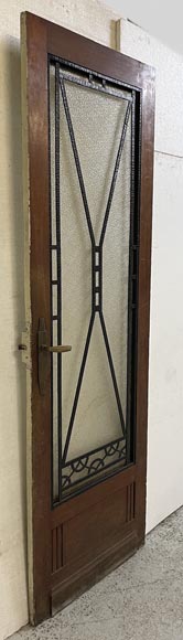 Porte intérieure Art Déco en bois et ferronnerie, à décor géométrique et vitrage granité Porte intérieure Art Déco en bois et ferronnerie, à décor géométrique et vitrage granité-2