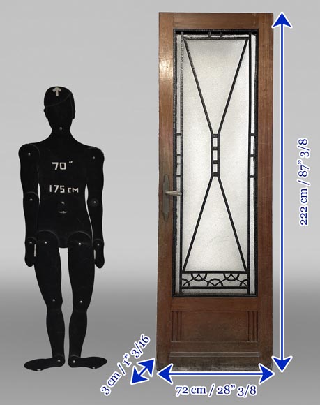 Porte intérieure Art Déco en bois et ferronnerie, à décor géométrique et vitrage granité Porte intérieure Art Déco en bois et ferronnerie, à décor géométrique et vitrage granité-9