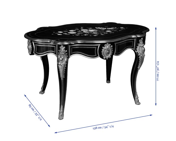 Julien-Nicolas RIVART (1802-1867) - Table de style Louis XV en poirier noirci à décor de marqueterie de porcelaine-4