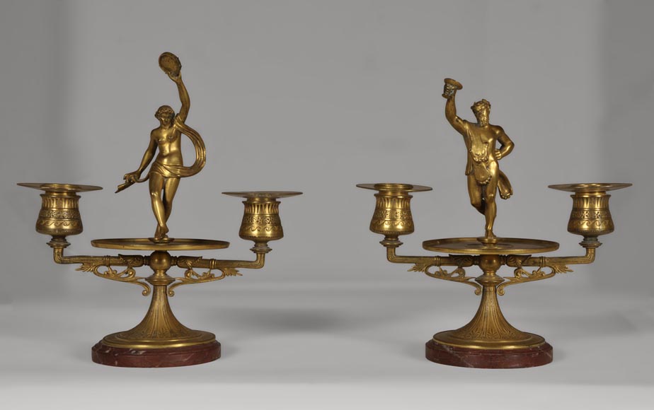 "La Bacchanale", paire de bougeoirs en bronze doré et marbre Rouge Griotte-0