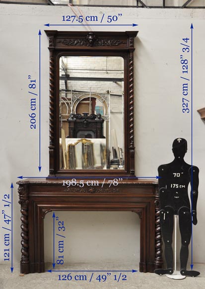 Grande cheminée en chêne de style Louis XIII avec trumeau à miroir-19
