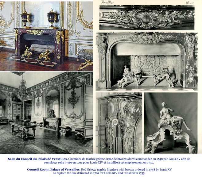 Prestigieuse cheminée ancienne en Scagliola imitation marbre Sarrancolin Fantastico et dorure à la feuille d'après la cheminée de la Salle du Conseil du Palais de Versailles -14