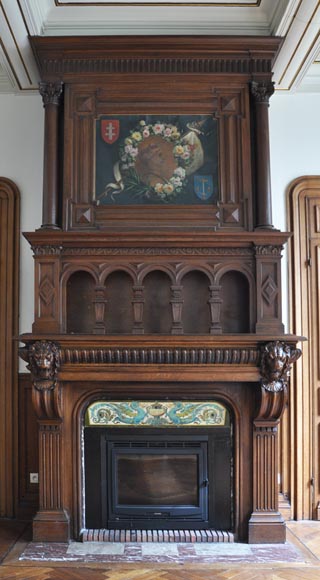 Grande cheminée en bois de chêne avec peinture sur toile figurant Jeanne d'Arc-1