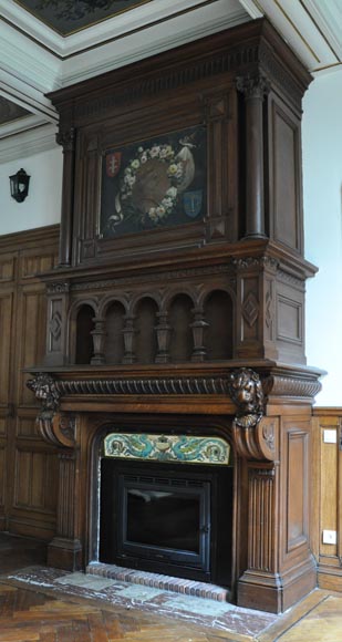 Grande cheminée en bois de chêne avec peinture sur toile figurant Jeanne d'Arc-4