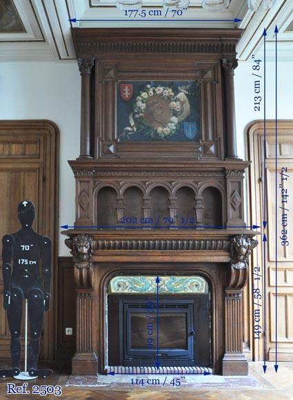 Grande cheminée en bois de chêne avec peinture sur toile figurant Jeanne d'Arc-13