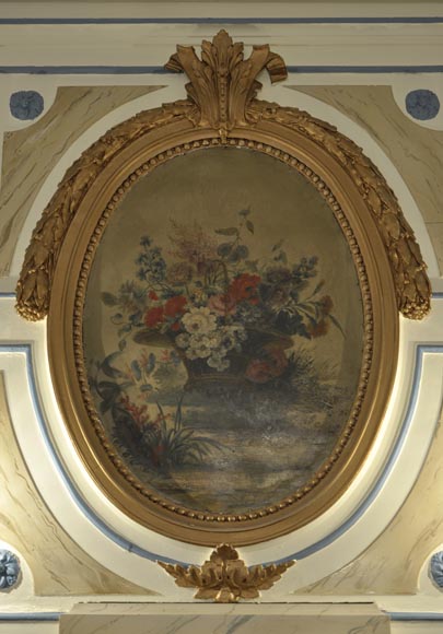 Belle fontaine d'intérieur avec son panneau de boiserie et toile peinte d'une nature morte-6