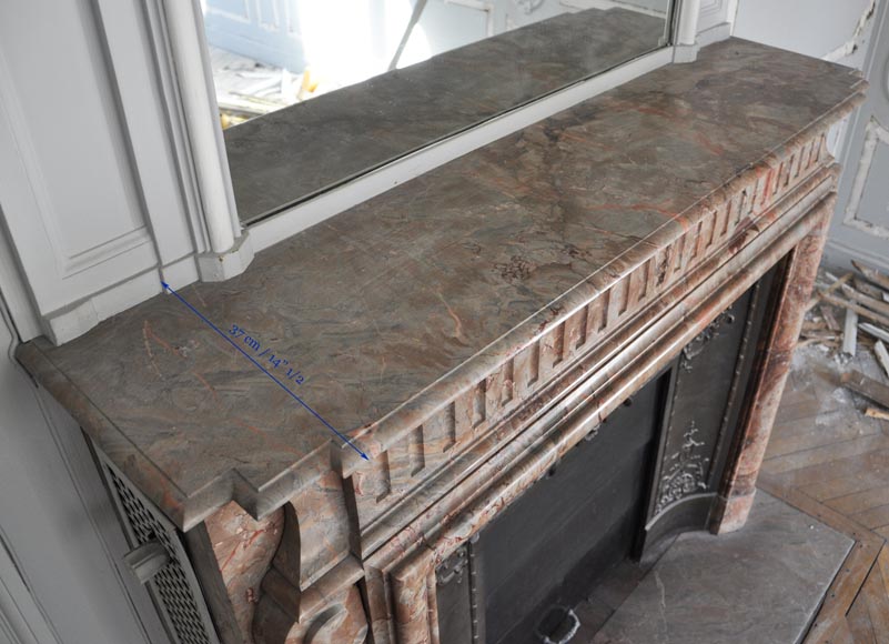 Belle cheminée ancienne de style Louis XIV à acrotère en marbre Sarrancolin Fantastico-10