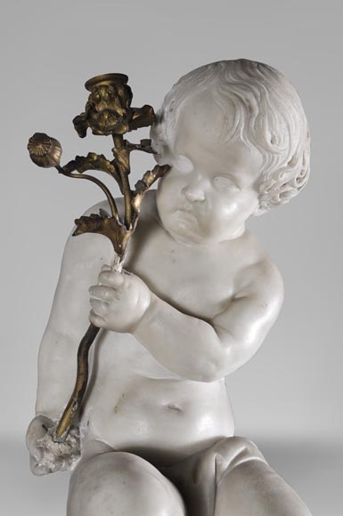 Exceptionnelle cheminée ancienne de la fin du XVIIIe siècle en marbres Statuaire et Brocatelle à putti-13