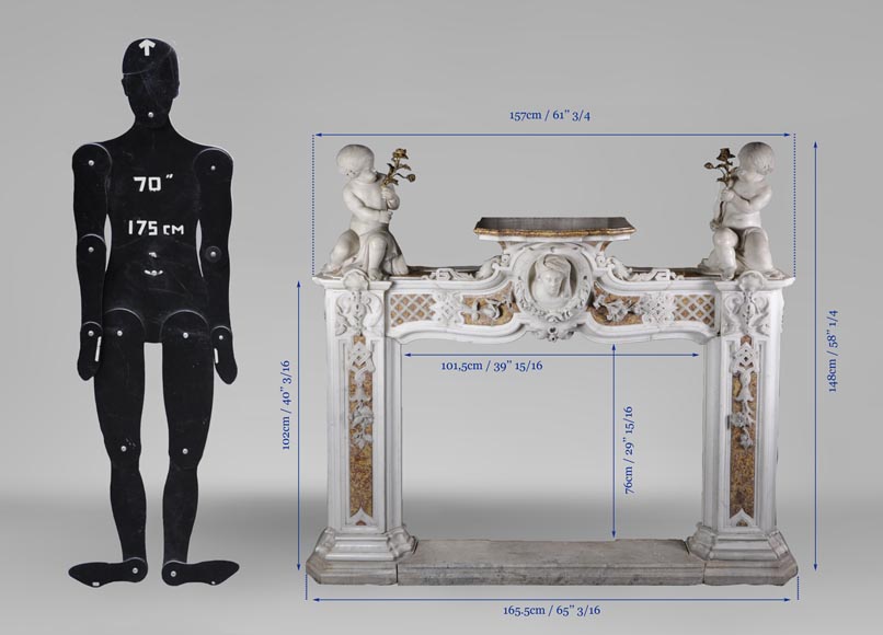 Exceptionnelle cheminée ancienne de la fin du XVIIIe siècle en marbres Statuaire et Brocatelle à putti-20