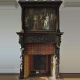Importante cheminée ancienne en noyer sculpté et huile sur toile du XVIIè siècle d'après Giovanni Andrea CASELLA 