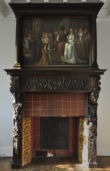 Importante cheminée ancienne en noyer sculpté et huile sur toile du XVIIè siècle d'après Giovanni Andrea CASELLA -0