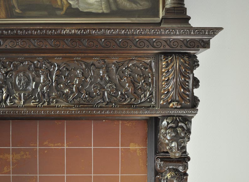 Importante cheminée ancienne en noyer sculpté et huile sur toile du XVIIè siècle d'après Giovanni Andrea CASELLA -13