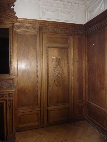 Pièce de boiserie de style Napoléon III avec cheminée à miroir et décor de chimères en bois sculpté -2