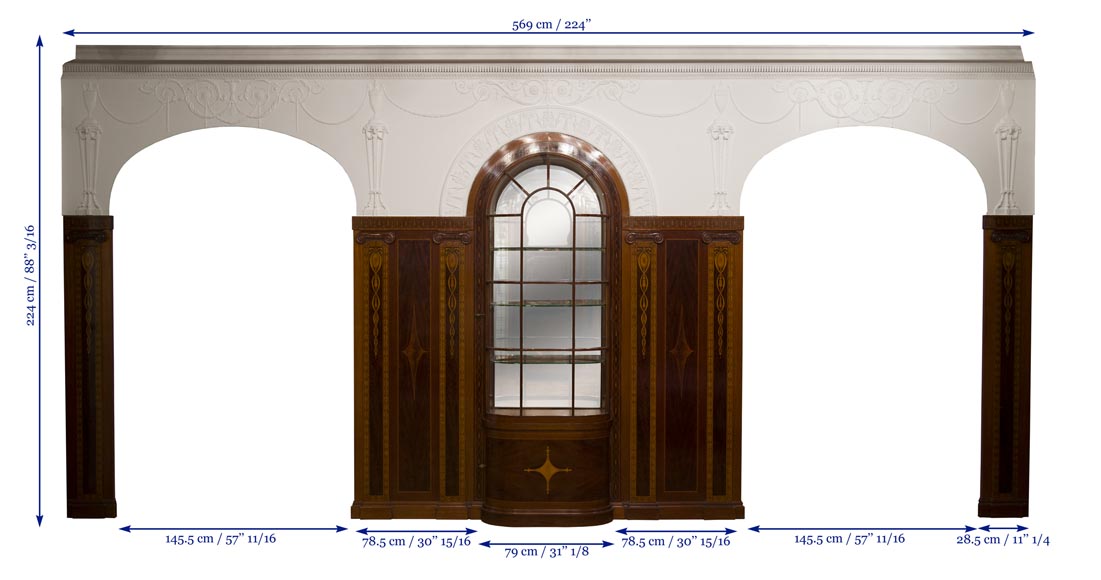 Exceptionnelle pièce de boiserie complète de style Regency en marqueterie d'acajou avec sa cheminée, France XIXè siècle-28