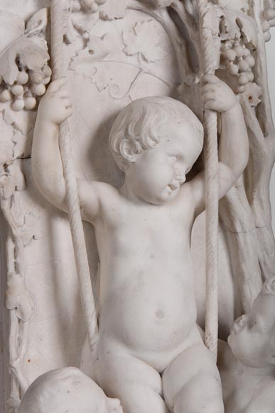 Les Jeux de l'Enfance, extraordinaire cheminée ancienne en marbre Statuaire sculpté en haut-relief à décor de putti-6