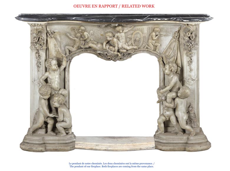 Les Jeux de l'Enfance, extraordinaire cheminée ancienne en marbre Statuaire sculpté en haut-relief à décor de putti-10