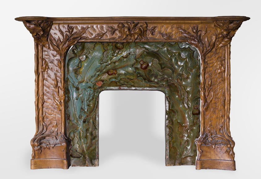 Exceptionnelle pièce de boiserie Art Nouveau avec sa cheminée, en noyer sculpté, loupe, pin et décor de céramique-1