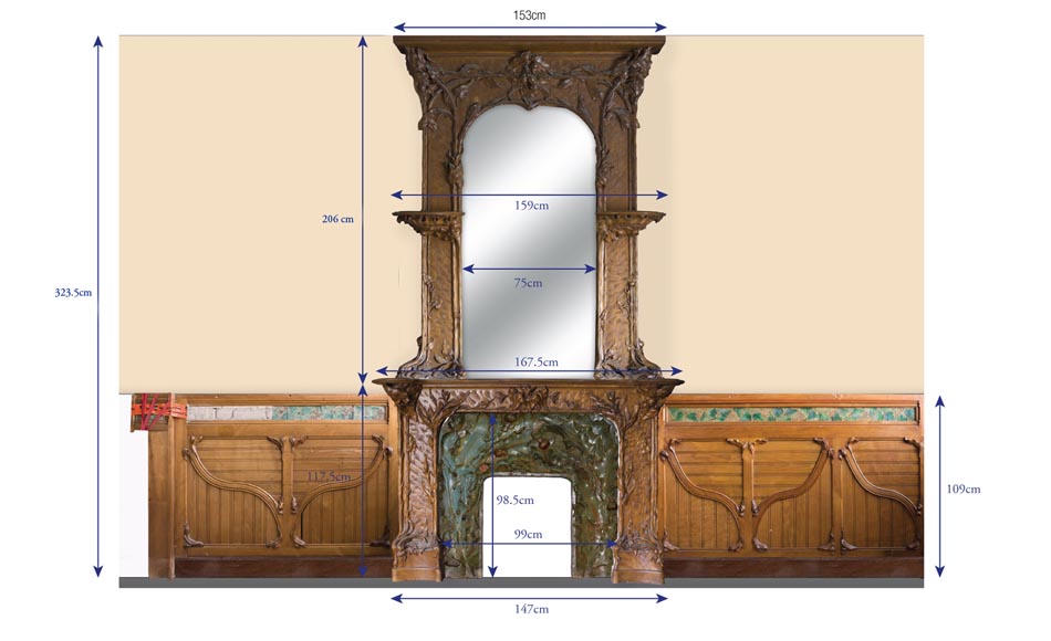 Exceptionnelle pièce de boiserie Art Nouveau avec sa cheminée, en noyer sculpté, loupe, pin et décor de céramique-2