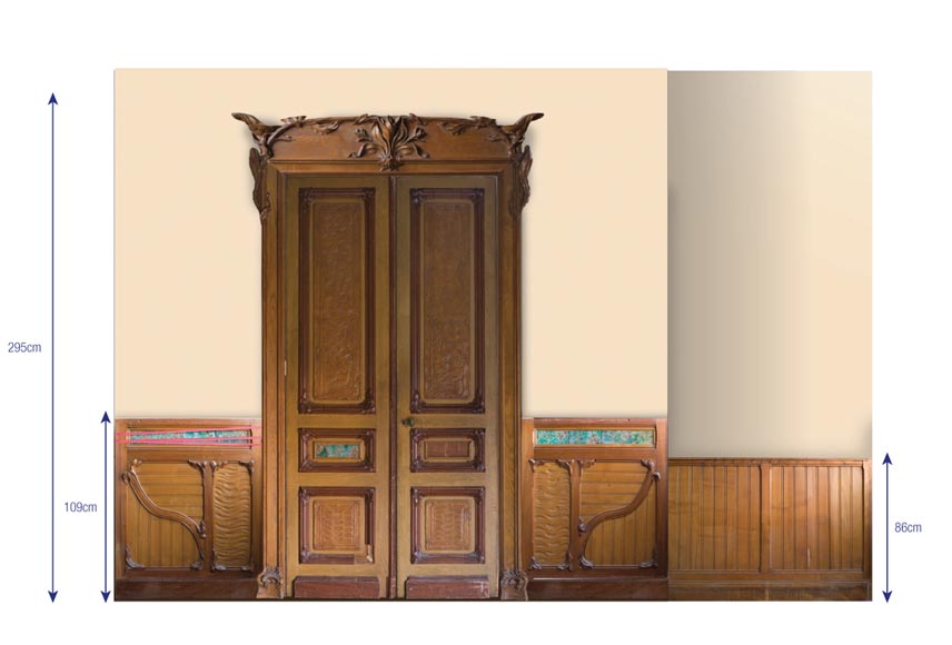 Exceptionnelle pièce de boiserie Art Nouveau avec sa cheminée, en noyer sculpté, loupe, pin et décor de céramique-5