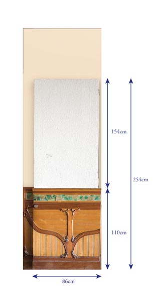 Exceptionnelle pièce de boiserie Art Nouveau avec sa cheminée, en noyer sculpté, loupe, pin et décor de céramique-6