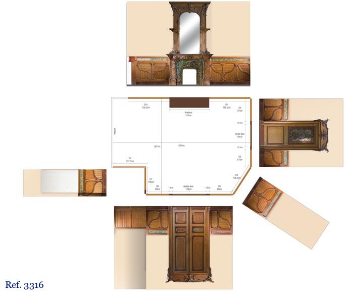 Exceptionnelle pièce de boiserie Art Nouveau avec sa cheminée, en noyer sculpté, loupe, pin et décor de céramique-7