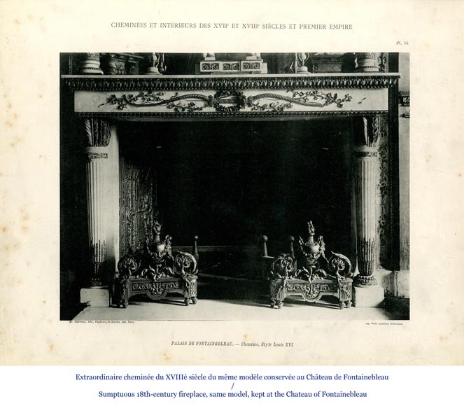 Très belle cheminée ancienne de style Louis XVI en marbre Statuaire de Carrare à colonnes en forme de carquois et ornements de bronze doré d'après le modèle du Château de Fontainebleau-16